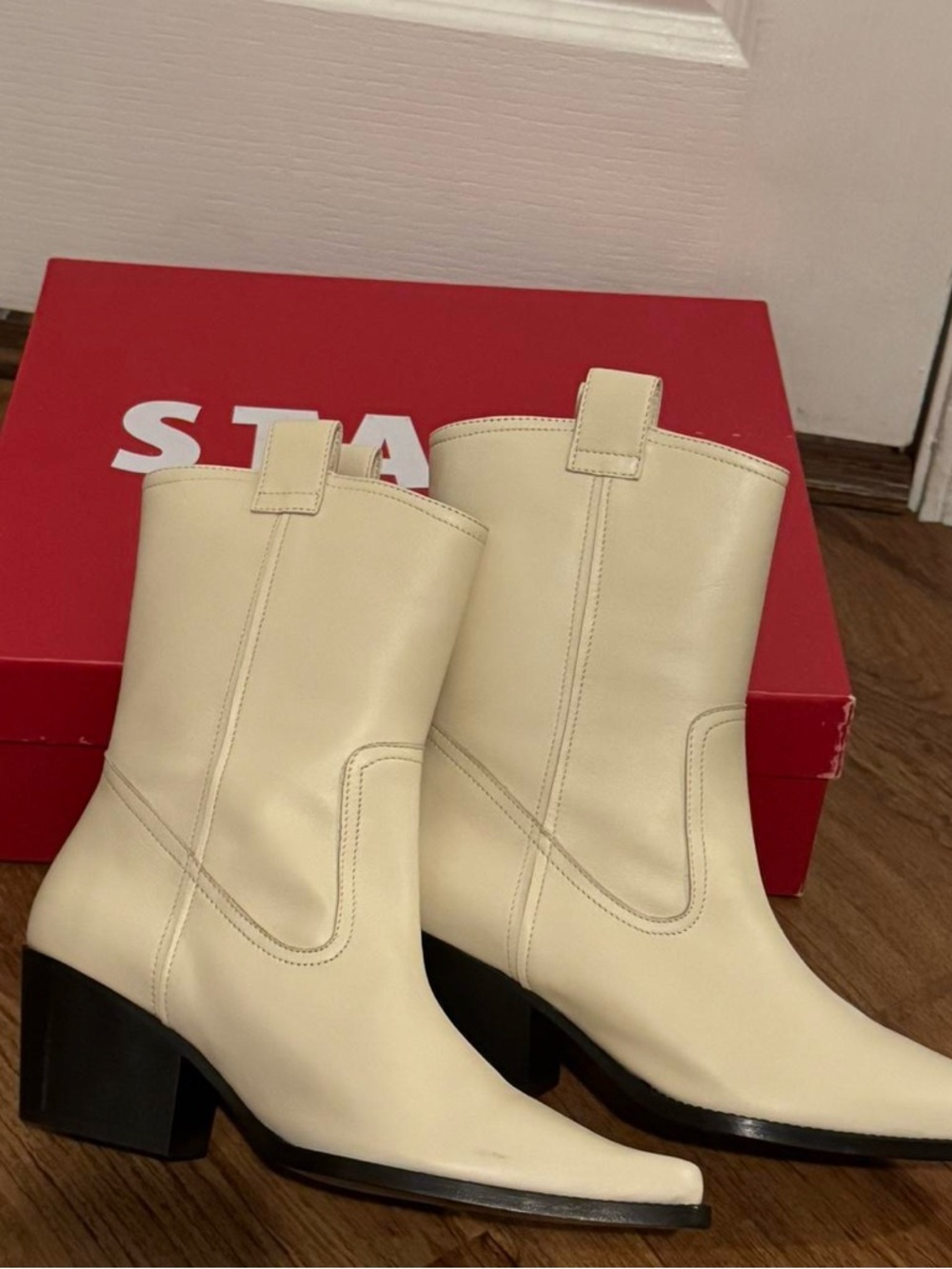 Cream Leather Mid-Calf Block Heel Boots